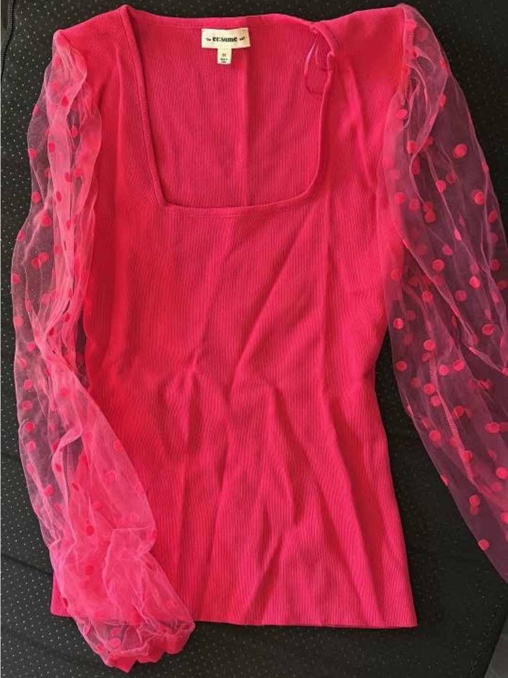 Hot Pink Puff Sleeve Square Neck Top - ersome